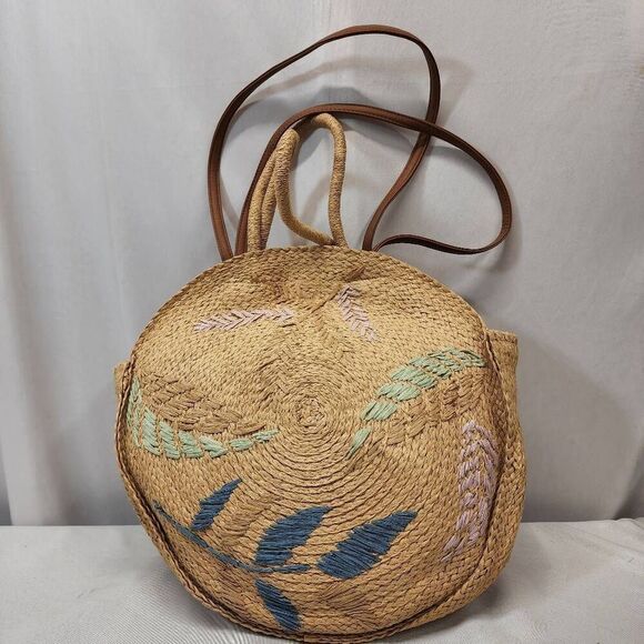 Time and Tru Womens Circle Straw Tote Bag Multi Floral Embroidery Beach Sea - Picture 2 of 9